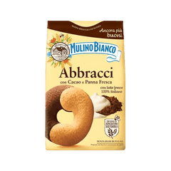 Mulino Bianco Abbracci 350 g, confezione gialla con il biscotto bicolore alla panna e al cacao