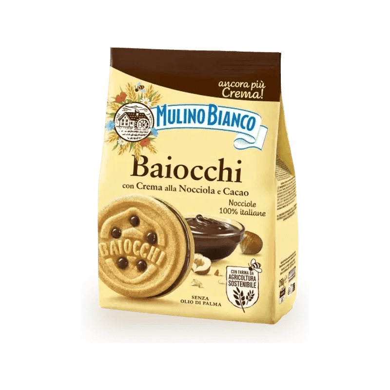 Mulino Bianco Baiocchi met Hazelnoot en Cacaocreme 260 g, gele zak met gevuld koekje en hazelnootcreme