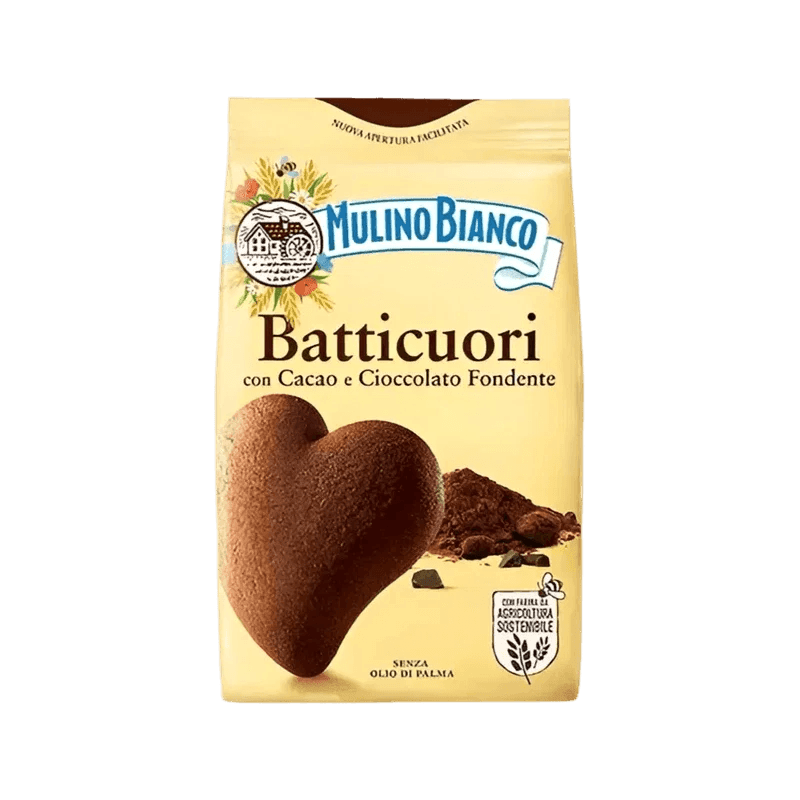 Mulino Bianco Batticuori 350 g, verpakking met het hartvormige koekje met cacao