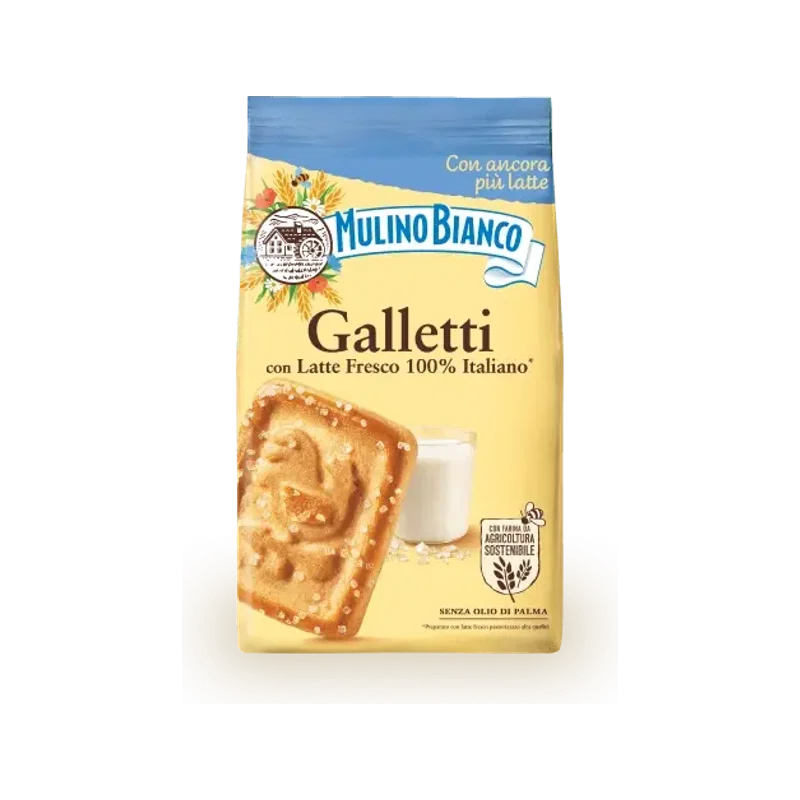 Mulino Bianco Galletti 350 g, verpakking met het rechthoekige koekje en de suikerkorrels