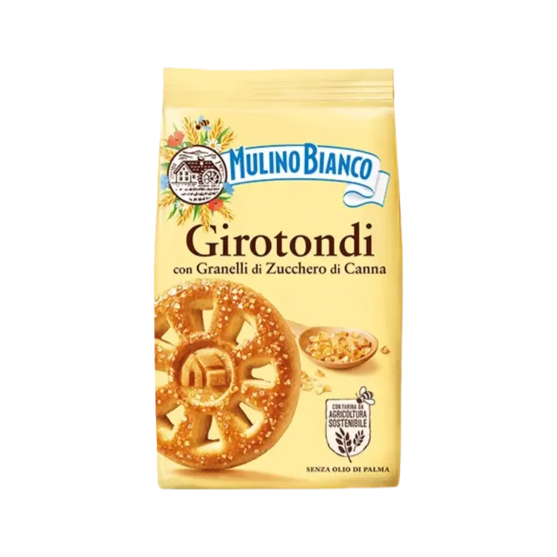 Mulino Bianco Girotondi 350 g, verpakking met het wielvormige koekje bedekt met rietsuiker
