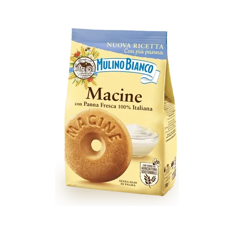 Mulino Bianco Macine met Verse Room 350 g, gele zak met rond koekje en een schaaltje room