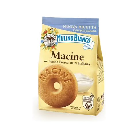Mulino Bianco Macine con Panna Fresca 350 g, sacchetto giallo con il frollino tondo e una ciotola di panna