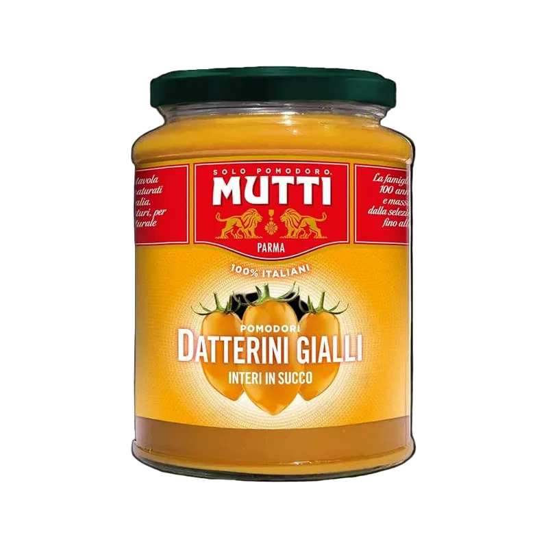 Mutti Datterini Gialli Interi in Succo 350 g, glazen pot met groene deksel en gele tomaatjes