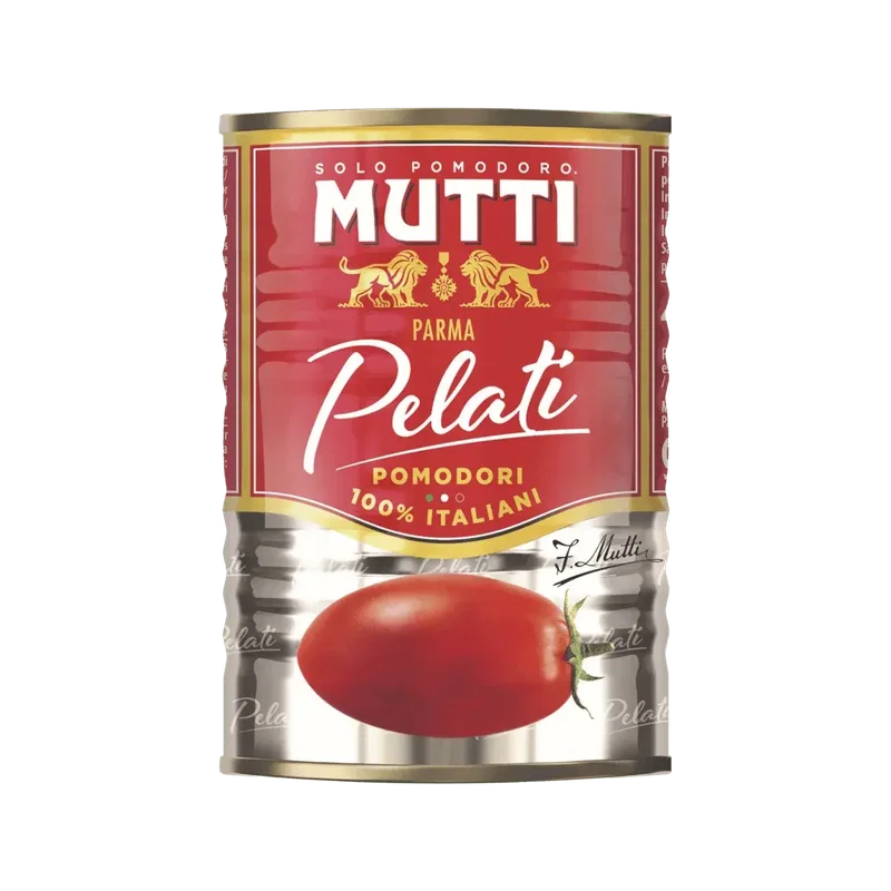 Mutti Pomodori Pelati 400 g, rood blik met een hele tomaat op het etiket