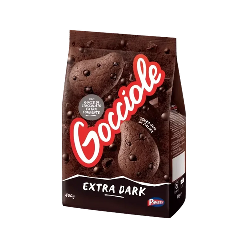 Pavesi Gocciole Extra Dark 400 g, donkerbruine zak met cacaokoekjes