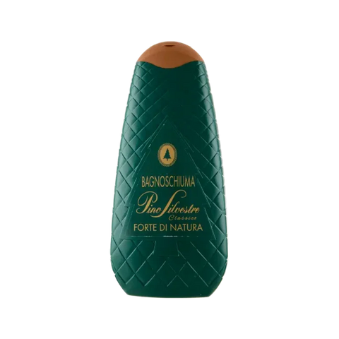 Pino Silvestre Bagnoschiuma Forte di Natura 750 ml, flacone verde a forma di pigna con scritte dorate