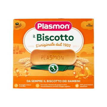 Plasmon il Biscotto 320 g, astuccio arancione con il biscotto e le spighe di grano