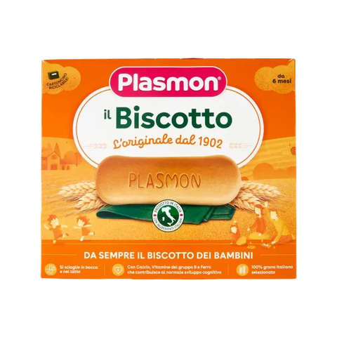 Plasmon il Biscotto 320 g, astuccio arancione con il biscotto e le spighe di grano