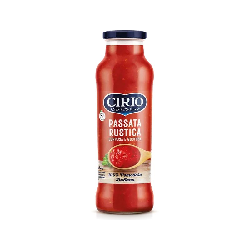 Cirio Passata Rustica 680 g, glazen fles met dikke tomatensaus vol vruchtvlees