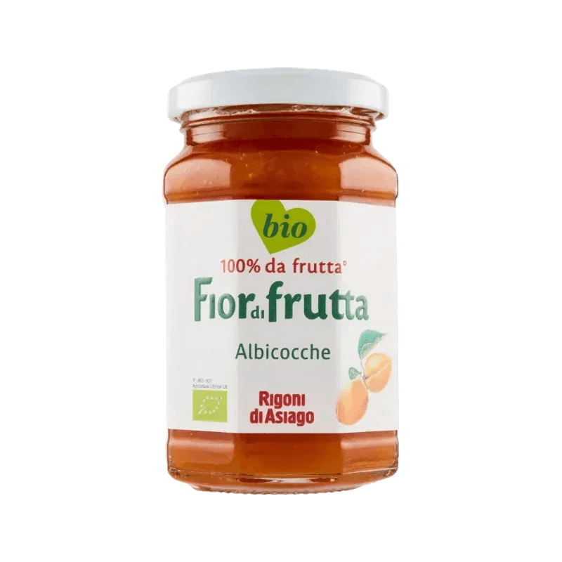 Rigoni di Asiago Fiordifrutta Albicocche Bio 250 g, glazen pot met wit etiket en groen biologo
