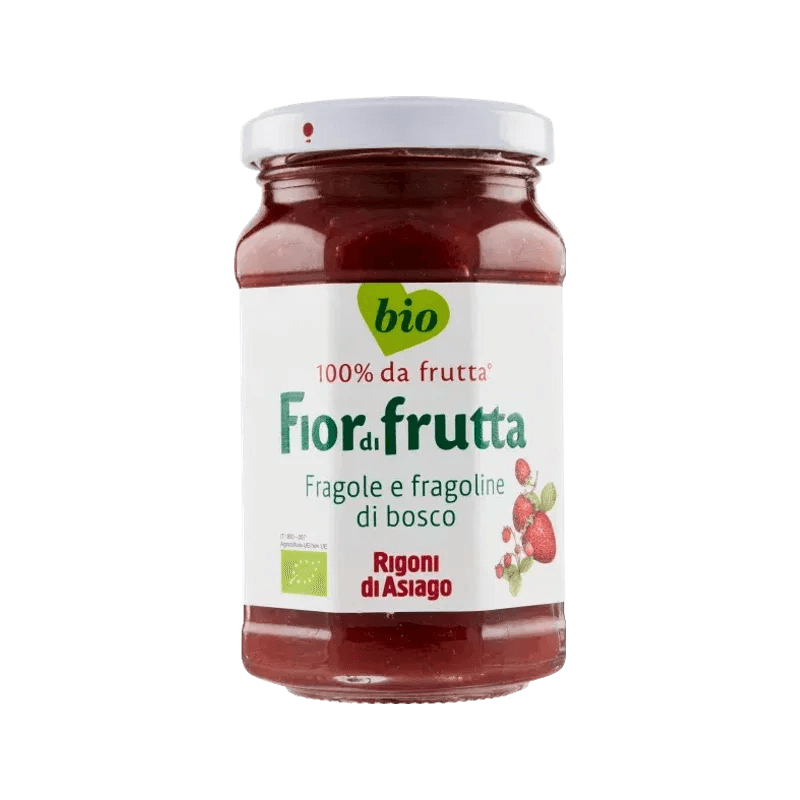 Rigoni di Asiago Fiordifrutta Fragole e Fragoline Bio 250 g, glazen pot met wit etiket en getekende aardbeien