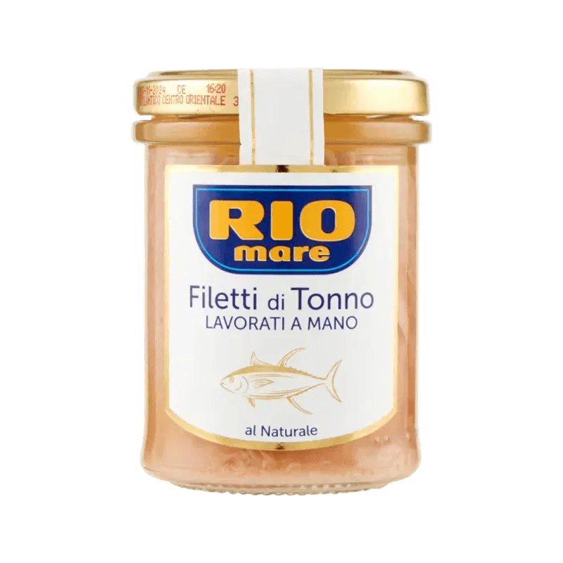 Rio Mare tonijnfilets naturel 180 g, glazen pot met wit etiket