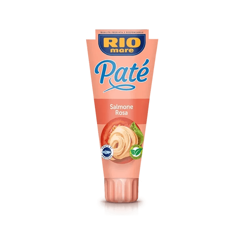 Rio Mare paté van roze zalm 100 g, roze tube met blauw logo
