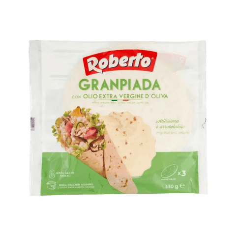 Roberto Granpiada olio extra vergine di oliva 330 g, busta bianca e verde con 3 piadine