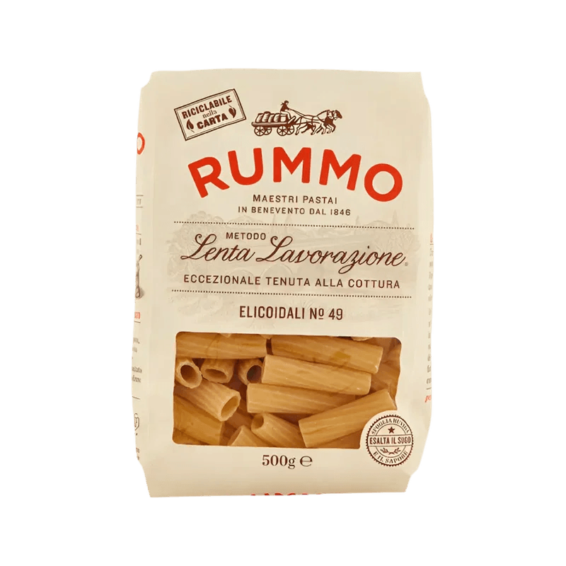 Rummo Elicoidali N°49 500 g, ivoorkleurig pak met venster op de buizen met spiraalribbels