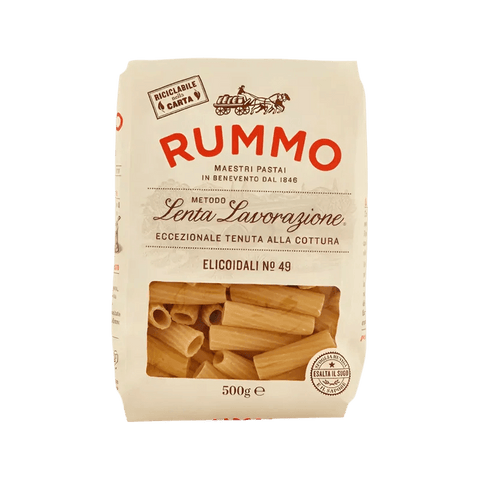 Rummo Elicoidali N°49 500 g, pacco avorio con finestra sui tubi a rigatura elicoidale