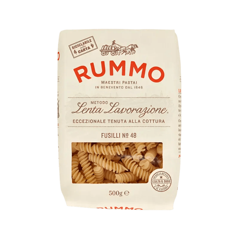 Rummo Fusilli N°48 500 g, ivoorkleurig pak met venster op de spiraalpasta