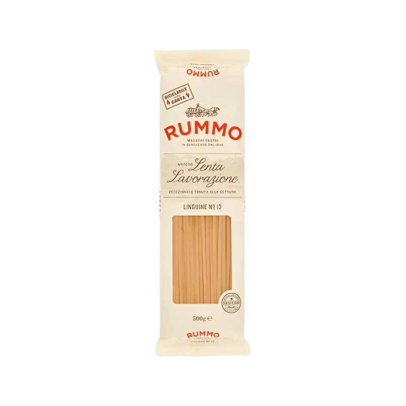 Rummo Linguine N°13 500 g, ivoorkleurig pak met venster op de lange platte pasta