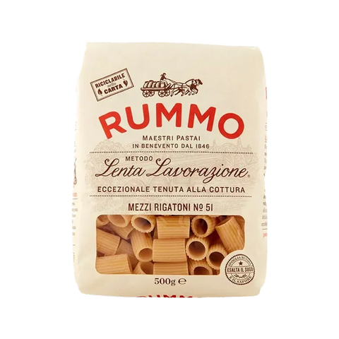 Rummo Mezzi Rigatoni N°51 500 g, pacco avorio con finestra sui tubi corti rigati