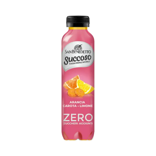 San Benedetto Succoso Zero ACE 400 ml, roze PET fles met sinaasappel en wortel op het etiket