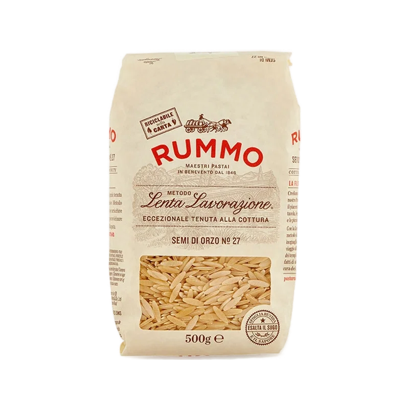 Rummo Semi di Orzo N°27 500 g, ivoorkleurige verpakking met venster op de griesmeelkorrels