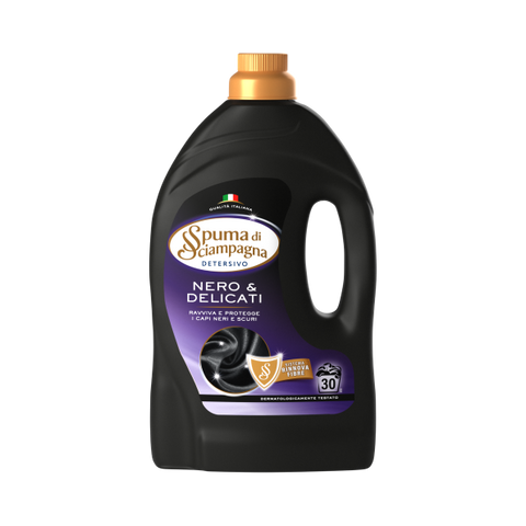 Spuma di Sciampagna Detersivo Nero & Delicati 1,35 L, flacone nero con tappo dosatore