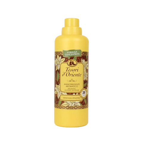 Tesori d'Oriente Ammorbidente Aromatico Vaniglia e Zenzero 760 ml, flacone giallo con decoro floreale