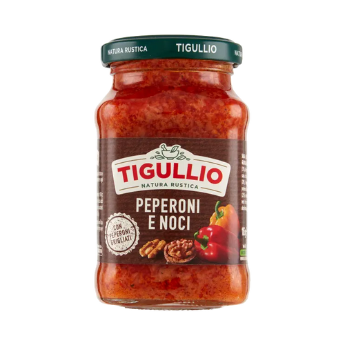 Tigullio Pesto Peperoni e Noci 185 g, glazen potje met pesto van gegrilde paprika