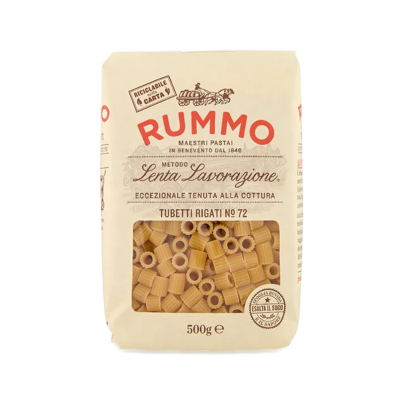 Rummo Tubetti Rigati N°72 500 g, ivoorkleurige verpakking met venster op de geribbelde buisjes