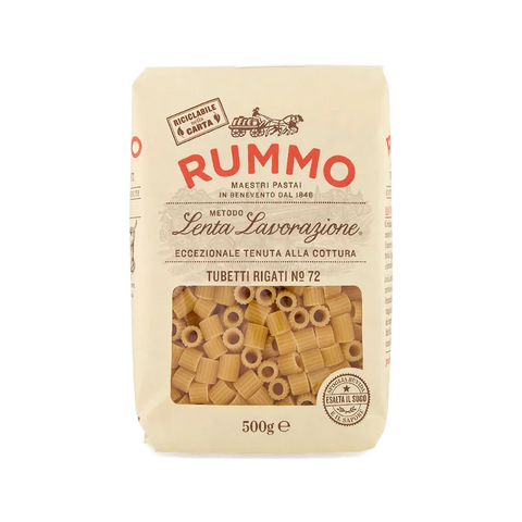 Rummo Tubetti Rigati N°72 500 g, pacco avorio con finestra sui tubetti rigati di semola