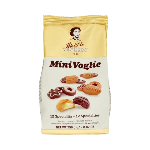 Matilde Vicenzi MiniVoglie Assortite 250 g, sacchetto dorato con i pasticcini in primo piano