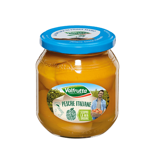 Valfrutta Pesche Sciroppate Italiane 570 g, glazen pot met perziken op siroop
