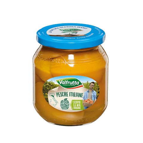 Valfrutta Pesche Sciroppate Italiane 570 g, vaso di vetro con pesche allo sciroppo