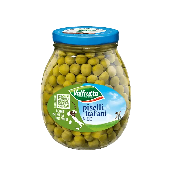 Valfrutta Italiaanse middelgrote erwten in glas 360 g, glazen pot met hele groene erwten
