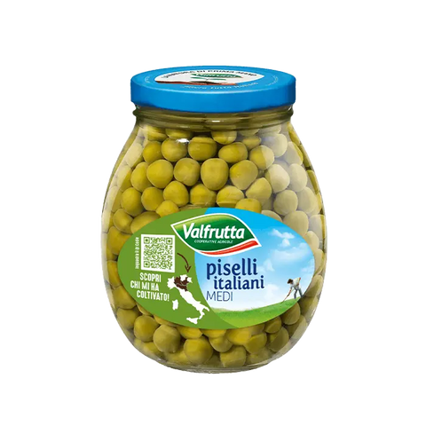 Valfrutta Piselli Italiani Medi in vetro 360 g, vaso di vetro con piselli verdi interi