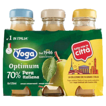 Yoga Optimum nectar van Italiaanse peer 70% 6 x 125 ml, verpakking met zes glazen flesjes