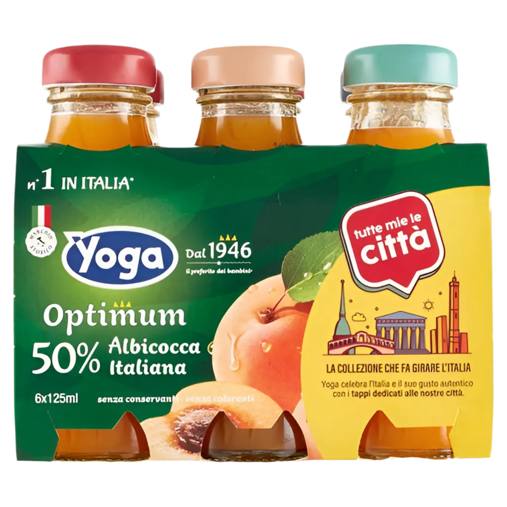 Yoga Optimum nectar van Italiaanse abrikoos 50% 6 x 125 ml, verpakking met zes glazen flesjes