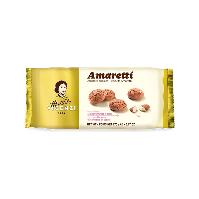 Matilde Vicenzi Amaretti d'Italia 175 g, gele verpakking met de koekjes en amandelen