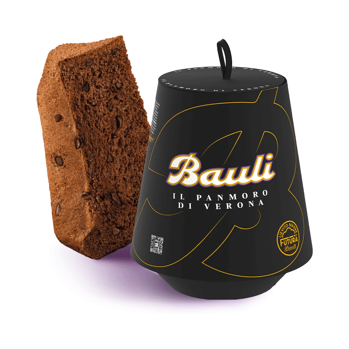 Bauli Mini PanMoro di Verona 100 g, confezione nera a stella con una fetta di pandoro al cioccolato