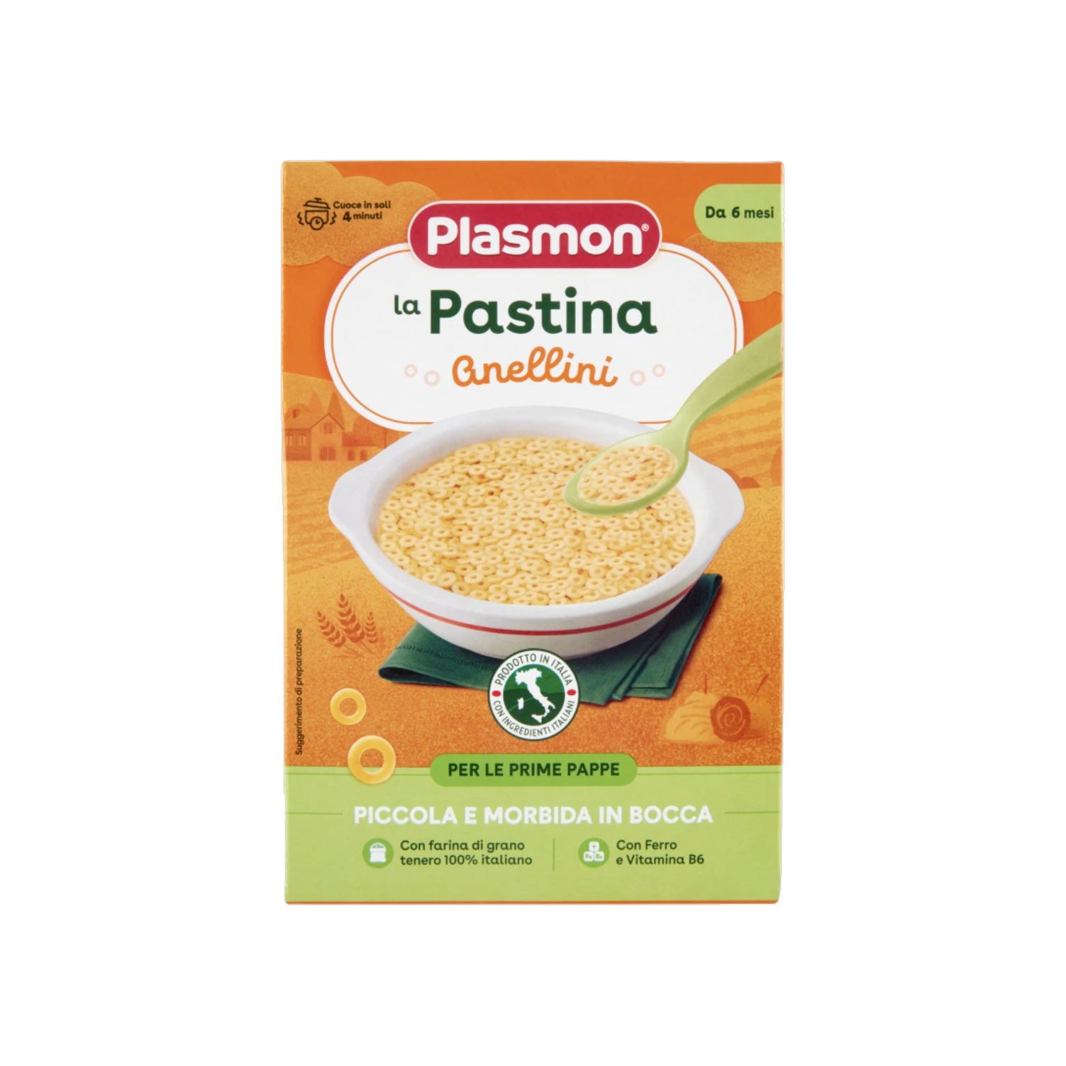 Plasmon Pastina Anellini babypasta 300 g, kartonnen doos in oranje en groen