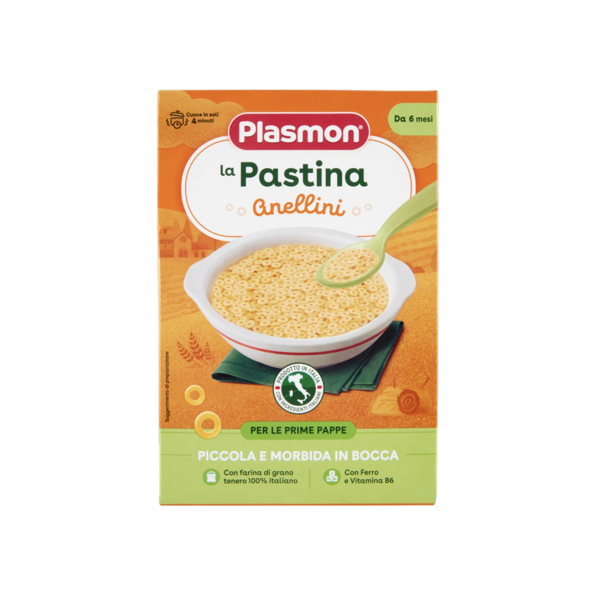 Plasmon Pastina Anellini babypasta 300 g, kartonnen doos in oranje en groen
