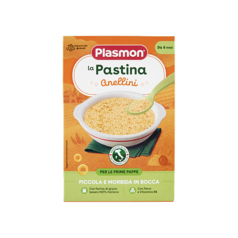 Plasmon Pastina Anellini 300 g, astuccio in cartone arancione e verde