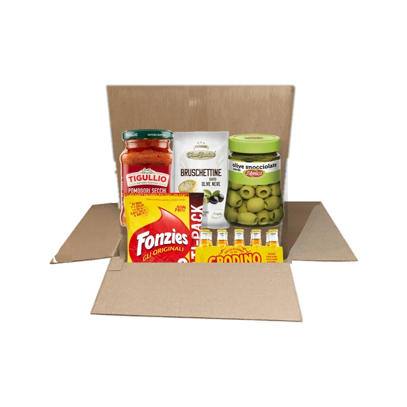 Borrelbox met Crodino, Fonzies en Italiaanse olijven in een doos van Spesa da Antonio