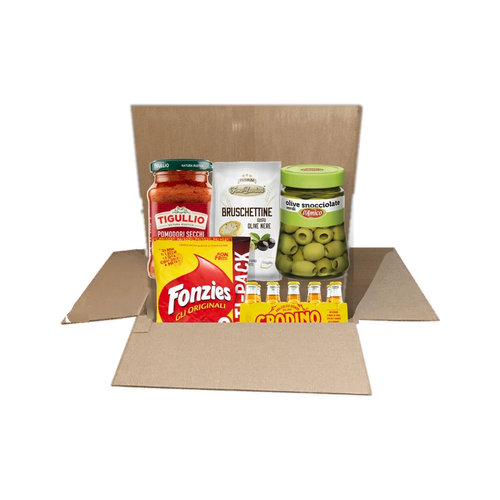 Borrelbox met Crodino, Fonzies en Italiaanse olijven in een doos van Spesa da Antonio