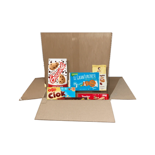 Koekjespakket met Pavesi Gocciole, Saiwa OroCiok, Matilde Vicenzi, Colussi, Loacker en Grisbì in een doos van Spesa da Antonio