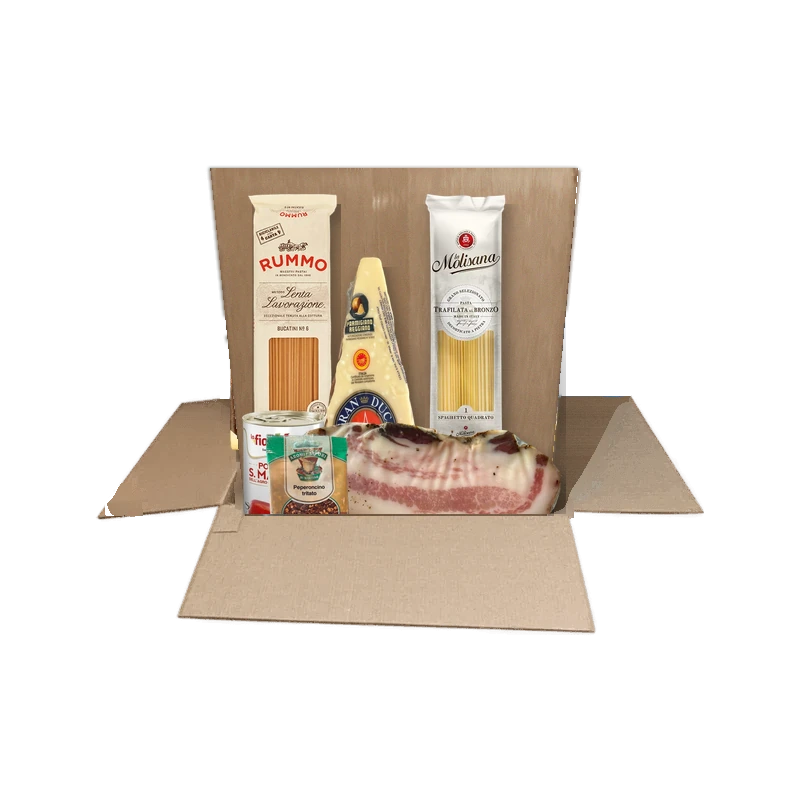 Box Carbonara e Amatriciana con guanciale, Parmigiano Reggiano, Rummo, La Molisana e pelati San Marzano in una scatola Spesa da Antonio