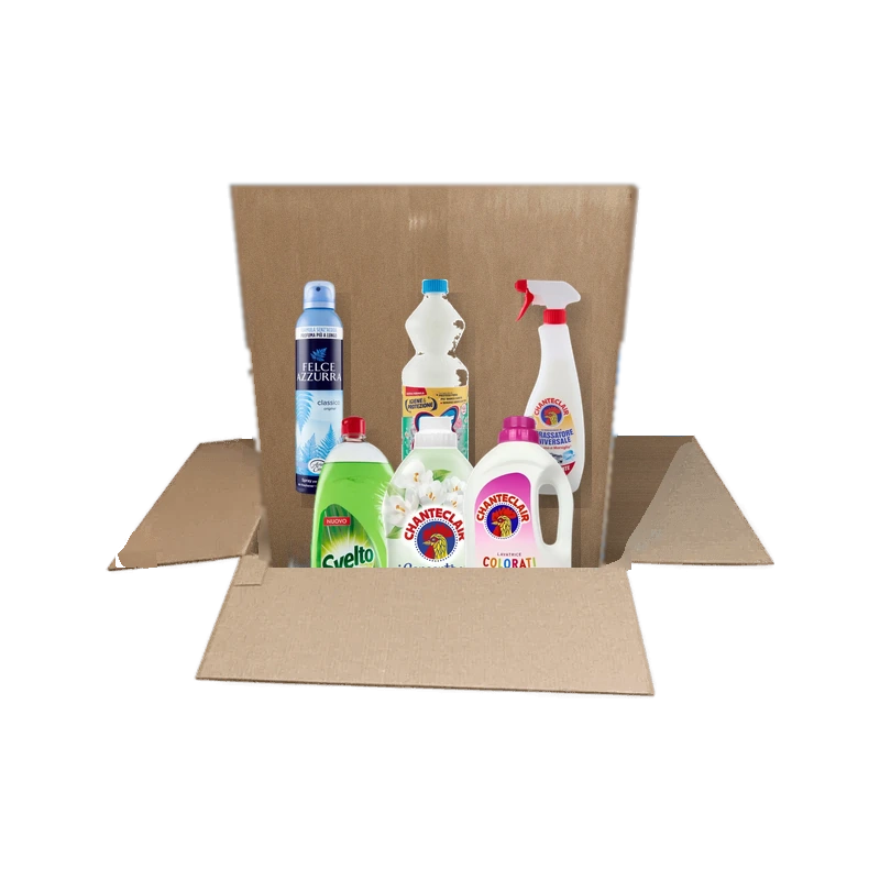 Schoonmaakbox met Italiaanse schoonmaakmiddelen van Chanteclair, Ace en Svelto in een doos van Spesa da Antonio