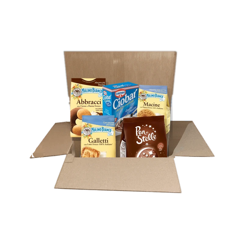 Koekjesbox met Italiaanse Mulino Bianco koekjes en Ciobar chocolademelk in een doos van Spesa da Antonio