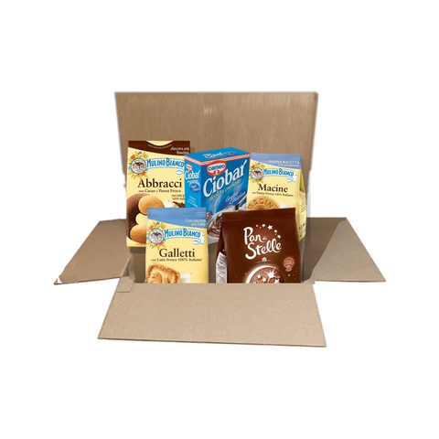 Box Colazione all'italiana con biscotti Mulino Bianco e Ciobar in una scatola Spesa da Antonio